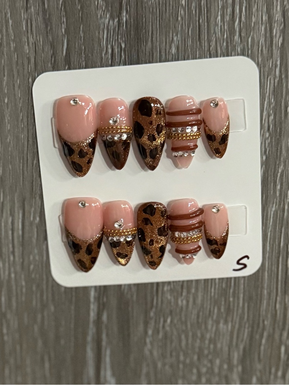 Leopard Accent Press-On Nails in Nude & Brown with Rhinestones